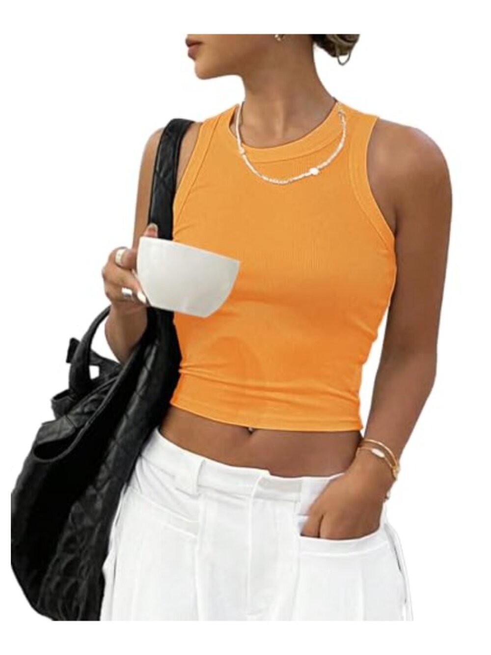Ribbed Fitted Cropped Tank Top High Neck Slim Fit Sleeveless Summer Basic